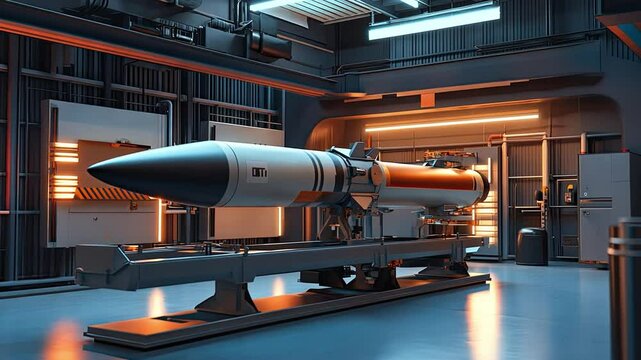 Missile Launch Facility:  A futuristic, high-tech hangar houses a powerful, sleek ballistic missile, poised for launch. The image evokes both awe and apprehension.