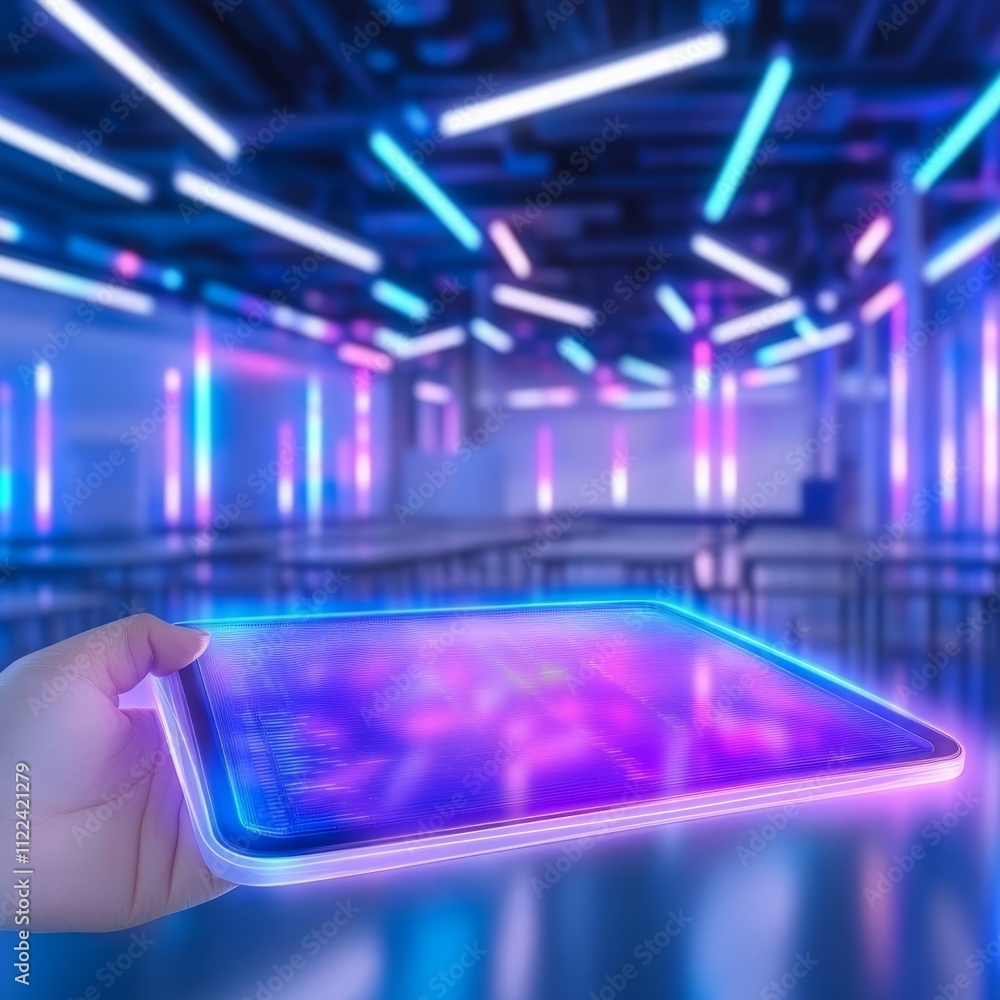Poster futuristic tablet displaying vibrant data in a neon-lit space.