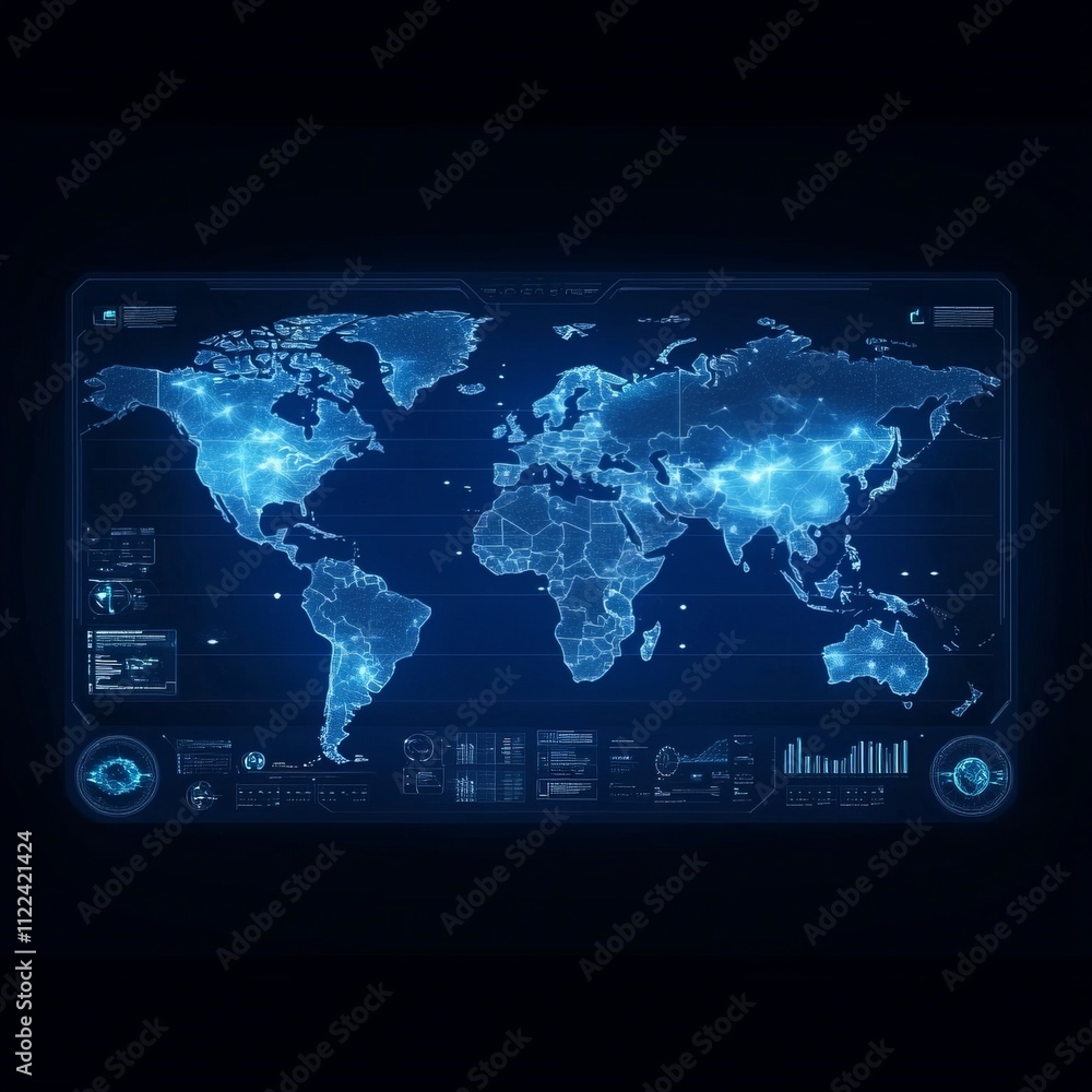 Aufkleber futuristic world map digital interface with glowing nodes.
