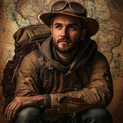 Portrait of a Young Adventurer Against a Vintage Map