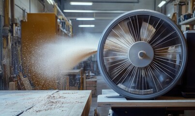 A woodworking shop with a sawdust blower in action.