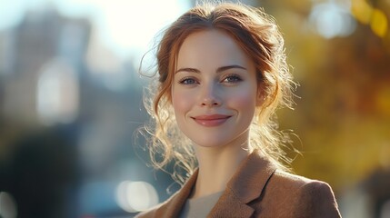 Obraz premium Joyful woman smiling outdoors city park portrait photography autumn