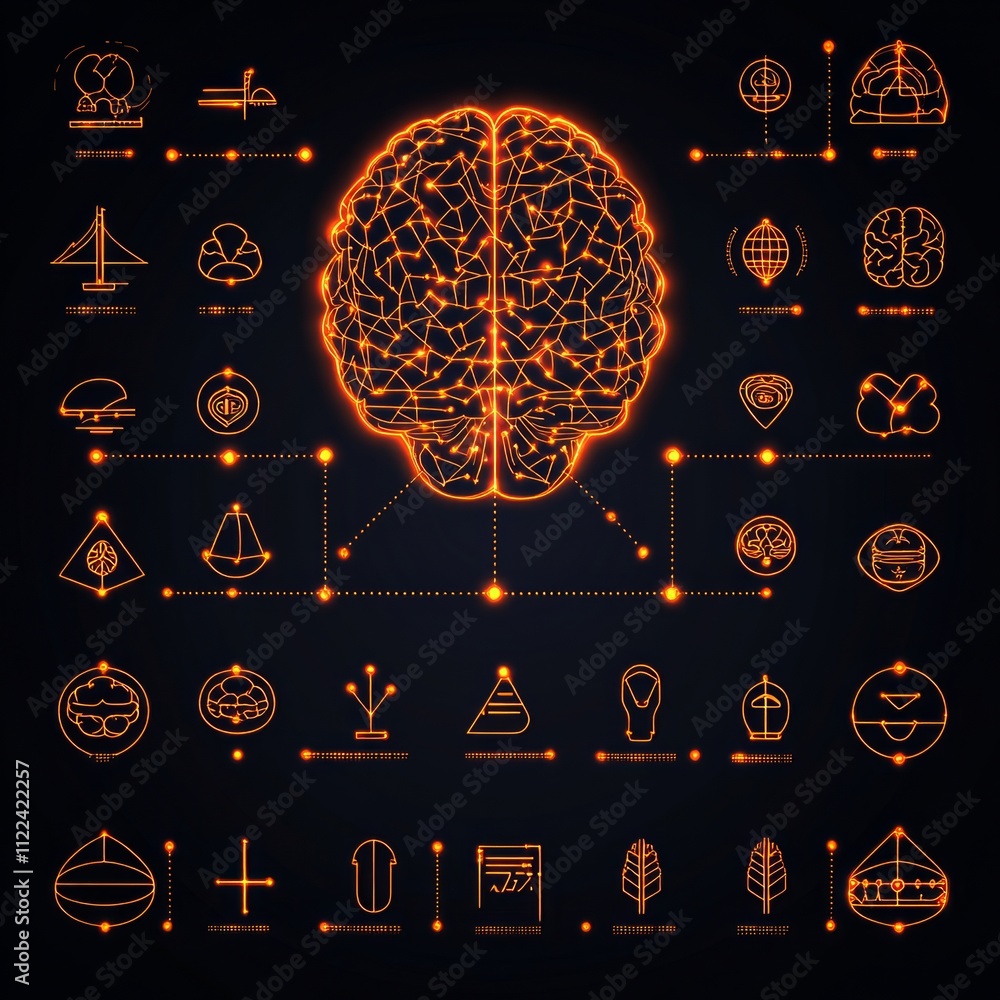 Poster glowing brain with interconnected nodes representing ideas and concepts.