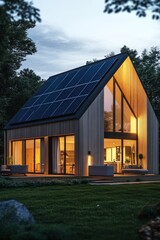 Modern eco-friendly passive house featuring photovoltaic system in lush natural surroundings