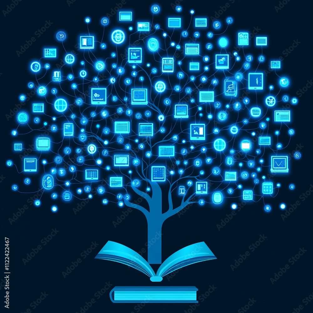 Aufkleber glowing digital tree growing from an open book, symbolizing knowledge and technology.