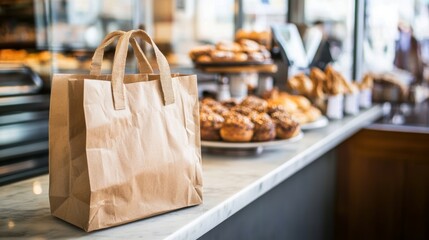 Eco-friendly paper bag on bakery counter surrounded by fresh pastries and baked goods at a local bakery