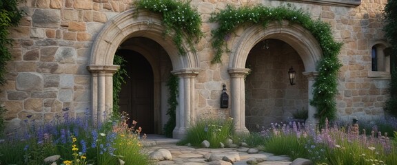 Fototapeta premium Overgrown wildflowers surround the arched doorway of an old stone mansion, greenery, overgrowth