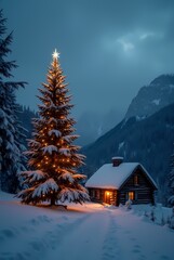 Christmas tree stands in the snow next to a lonely romantic hut in the mountains