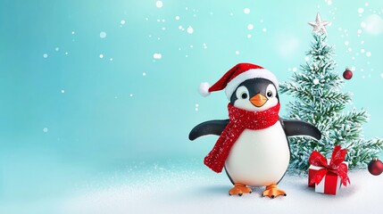 Cheerful Penguin in Red Scarf Sliding on Snowy Background with Christmas Tree
