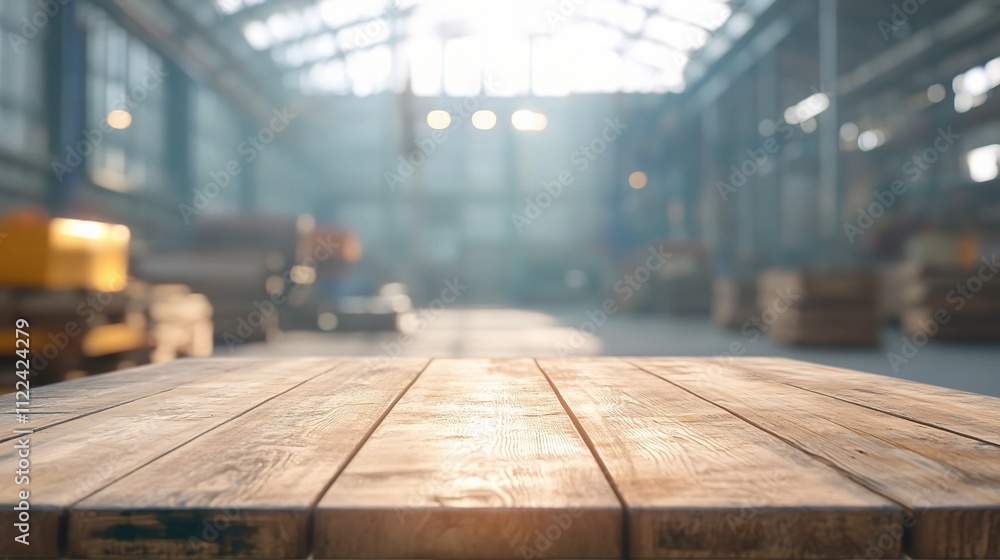 Poster empty wooden table in a blurred factory setting with soft light