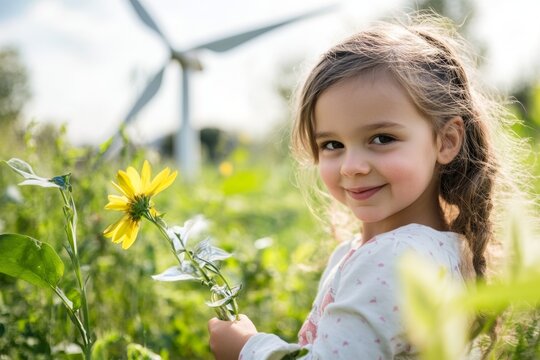 Young girl holds sunflower in vibrant green field near windmill promoting renewable energy and sustainability for future generations