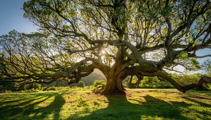 A tree with gnarled branches illuminated by strong, directional sunlight, casting intricate shadows on the ground below.