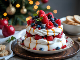 Delicious pavlova topped with fresh berries and caramel drizzle for festive celebrations, photography of food styling concept.