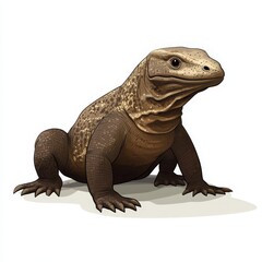 Obraz premium Realistic illustration of a large lizard resting on a white background, showcasing unique details of its textured skin and body structure in a dynamic pose