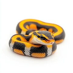 Obraz premium Close-Up View of Colorful Snake with Black and Orange Pattern Against White Background, Capturing the Intricacies of Scales and Features