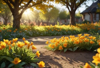 Fototapeta premium Vibrant yellow orange petals unfolding as day ends in a spring garden, petal, blossoms
