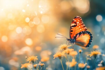 Fototapeta premium Orange butterfly resting on yellow wildflowers during sunset with soft bokeh background