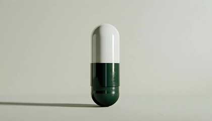 Green and White Capsule:  A single green and white capsule stands upright against a light background, casting a soft shadow.