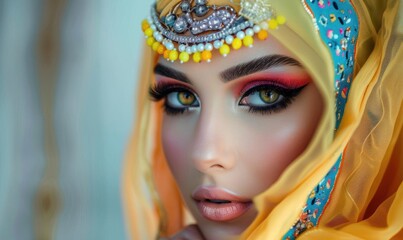 A close-up portrait of a woman in vibrant traditional attire.