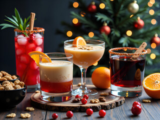 A colorful array of holiday cocktails and snacks surrounded by christmas cheer, photography of still life concept.