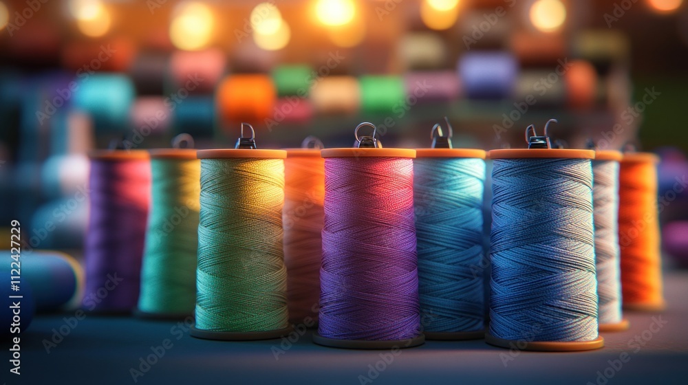 Poster colorful spools of thread on a table with blurred background.