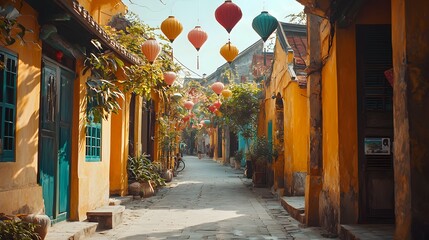 Fototapeta premium Charming alley lined with colorful lanterns in a vibrant, sunlit town setting.