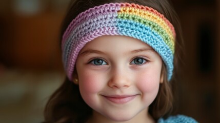 Smiling Girl with Rainbow Knit Headband - Close-up Portrait