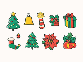 Set of vector Christmas icons elements design Gift box Stocking Wreath cookies Christmas tree candy cookies showman house Deer