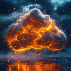 Obraz premium A fiery cloud illuminated against a dark, stormy sky, creating a dramatic visual effect.