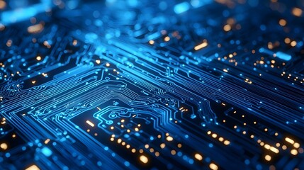 Obraz premium Close-up of a blue circuit board with intricate electronic patterns.