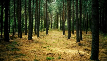 Obraz premium A serene forest path surrounded by tall trees and soft undergrowth.