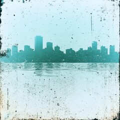 Fototapeta premium Grungy textured cityscape skyline reflected in calm water.