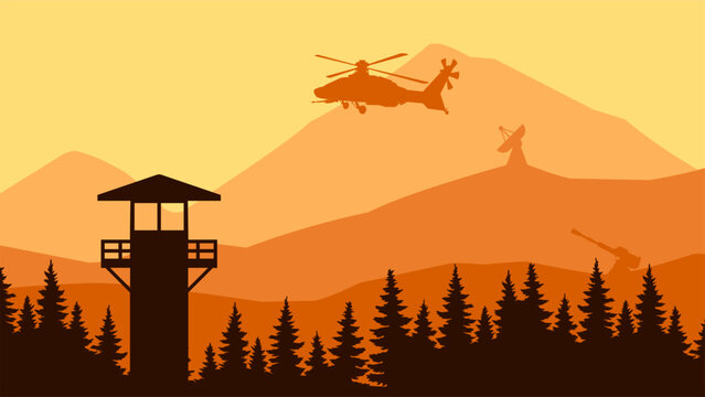 Landscape illustration of military helicopter and watchtower