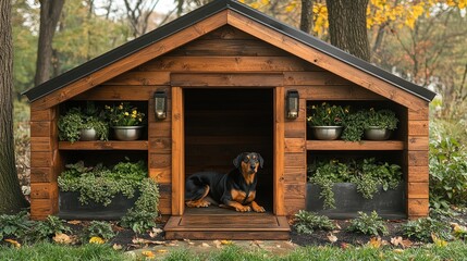 Charming wooden dog house with integrated planters, featuring a Doberman Pinscher resting inside.