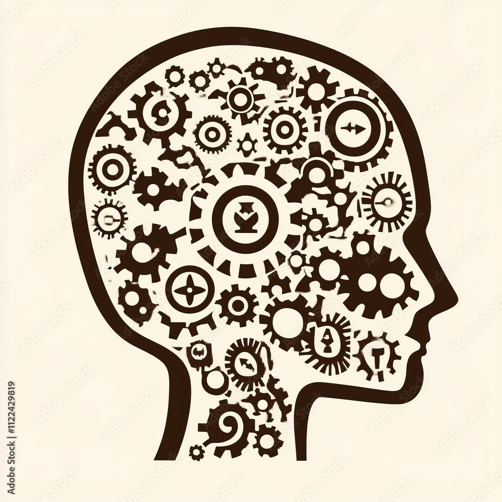 Poster head profile filled with intricate gears, symbolizing complex thought processes and mechanisms of th