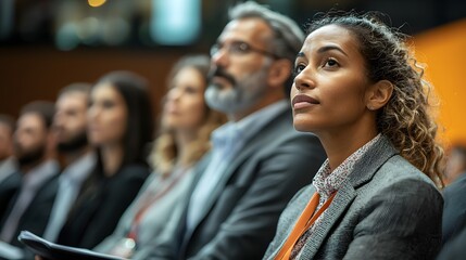 Obraz premium A focused Hispanic woman listens intently during a business seminar.