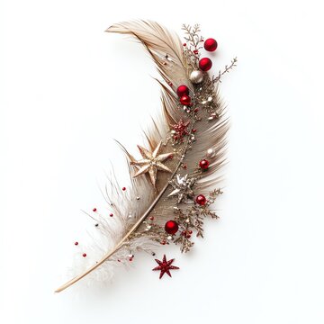 Elegant feather with festive decorations featuring metallic hues and red ornaments.