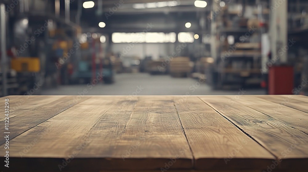 Poster empty wooden table in blurred factory background setting