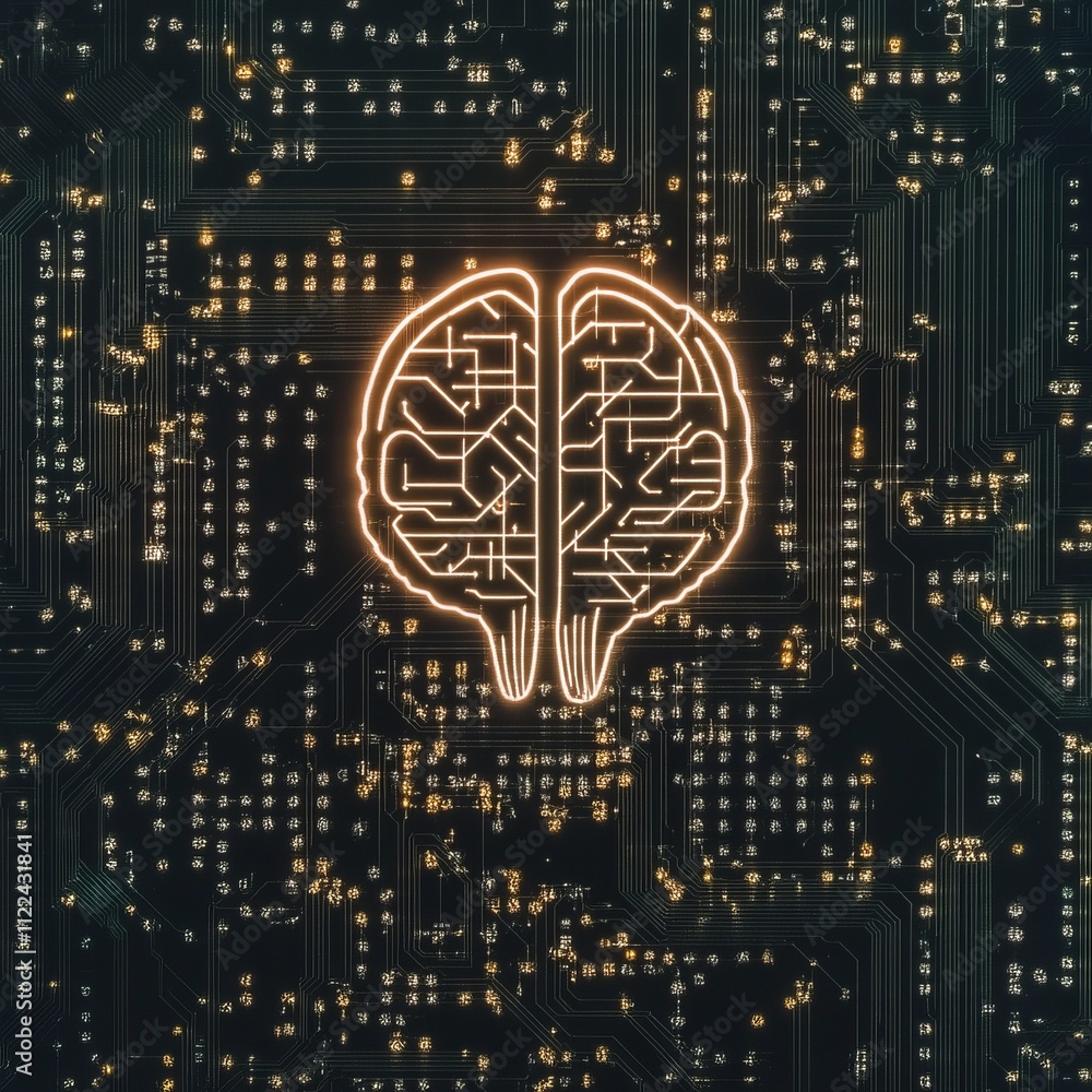 Poster illuminated brain circuit design on a dark tech background.