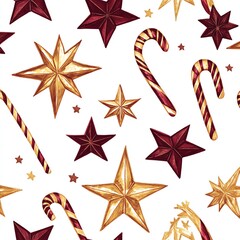 Obraz premium Festive pattern with golden stars and candy canes on white background, perfect for holiday designs.