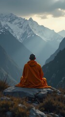 Fototapeta premium Orange robed monk meditating in the mountains of Tibet