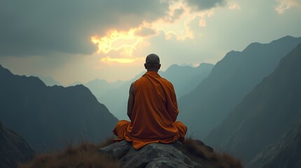 Fototapeta premium Orange robed monk meditating in the mountains of Tibet