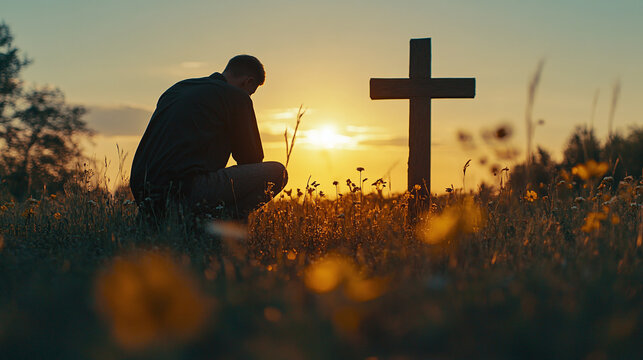 Silhouette of man kneeling near the wooden christian cross on a nature meadow grass field outdoor at sunset. religion faith belief repentance prayer, forgiveness hope in jesus christ, salvation.