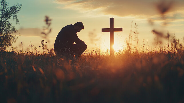Silhouette of man kneeling near the wooden christian cross on a nature meadow grass field outdoor at sunset. religion faith belief repentance prayer, forgiveness hope in jesus christ, salvation.