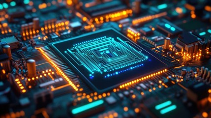 Obraz premium Close up of a computer processor chip with blue glow on the surface.