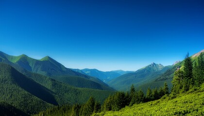 Obraz premium 雄大な自然のコントラスト、青空と緑豊かな山々の広がり 