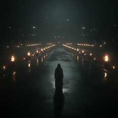 Lone figure in dark, mysterious path lit by flames.