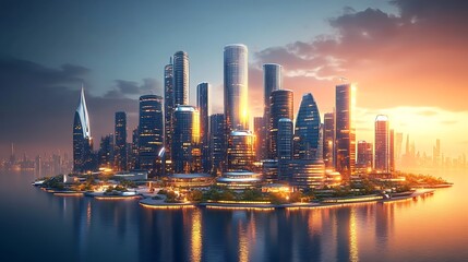 Fototapeta premium Tranquil waters at sunset modern urban skyline digital art