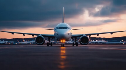 Obraz premium Commercial Aircraft on Runway at Sunset with Dramatic Sky and Airport Background, Capturing the Essence of Air Travel and Modern Aviation Technology