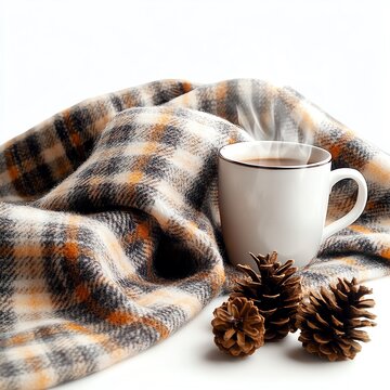 Cozy cup of steaming hot beverage with pinecones and plaid blanket on a crisp winter day.